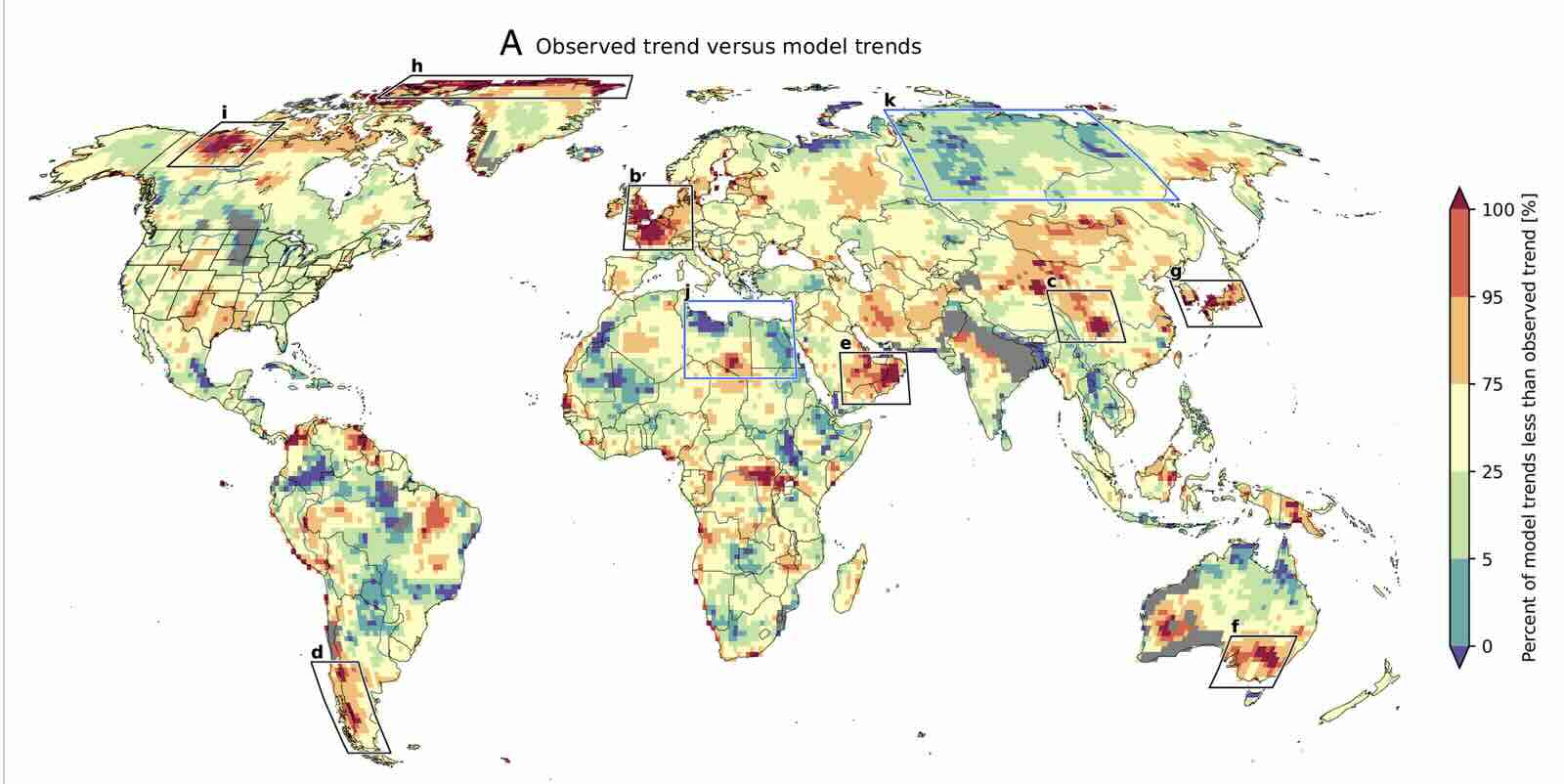 Gemeten en door klimaatmodellen voorspelde temperaturen