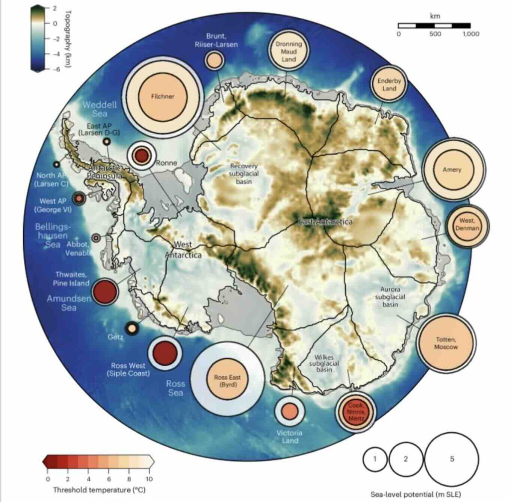 IJsbekkens in Antarctica, de drempeltemperaturen met de meters zeespiegelstijging