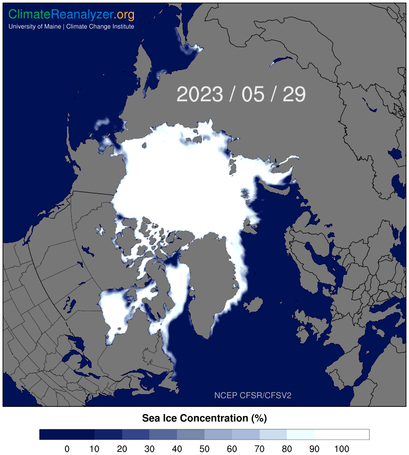 Zeeijsbedekking Noordpool op 29 mei 2023