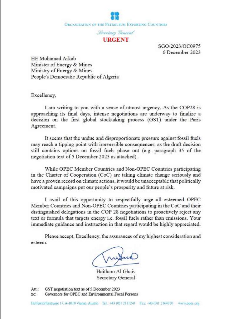 OPEC-brief aan ledenlanden tgv COP28