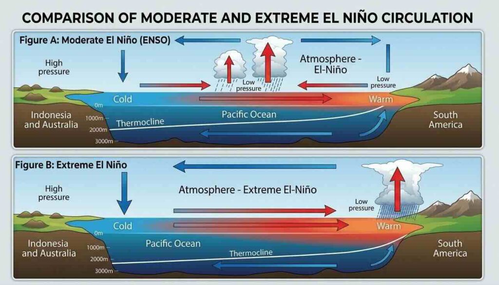 Verschil gematigde en extreme El Niño