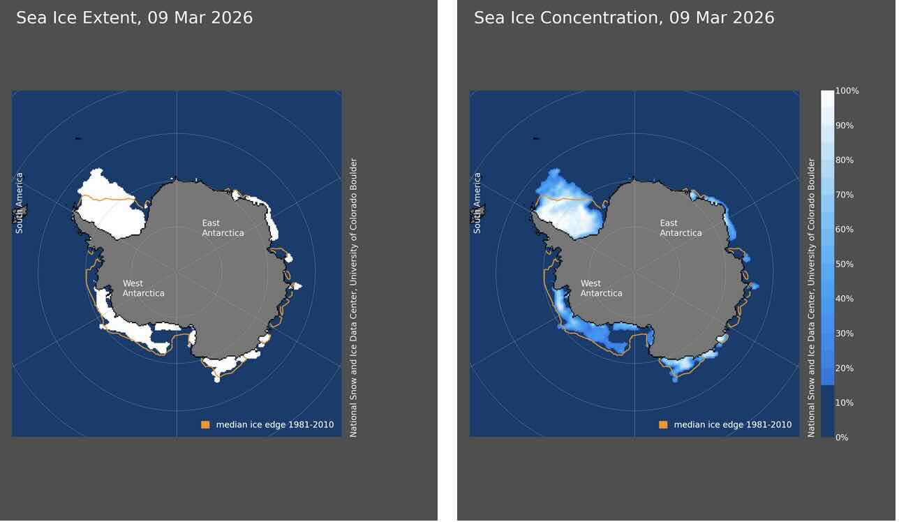 Zeeijsbedekking rond Antarctica 9mrt26