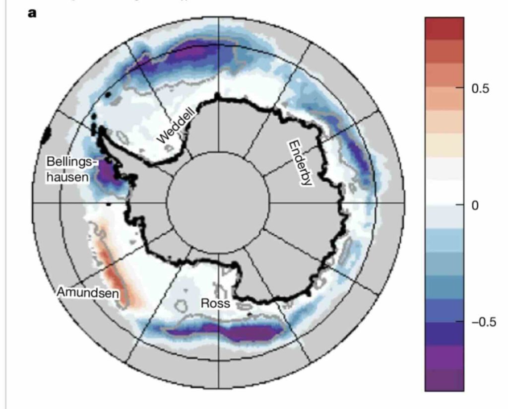 Zeeijsverlies Antarctica juni&juli 2023 tov gemiddelde 1991/2020