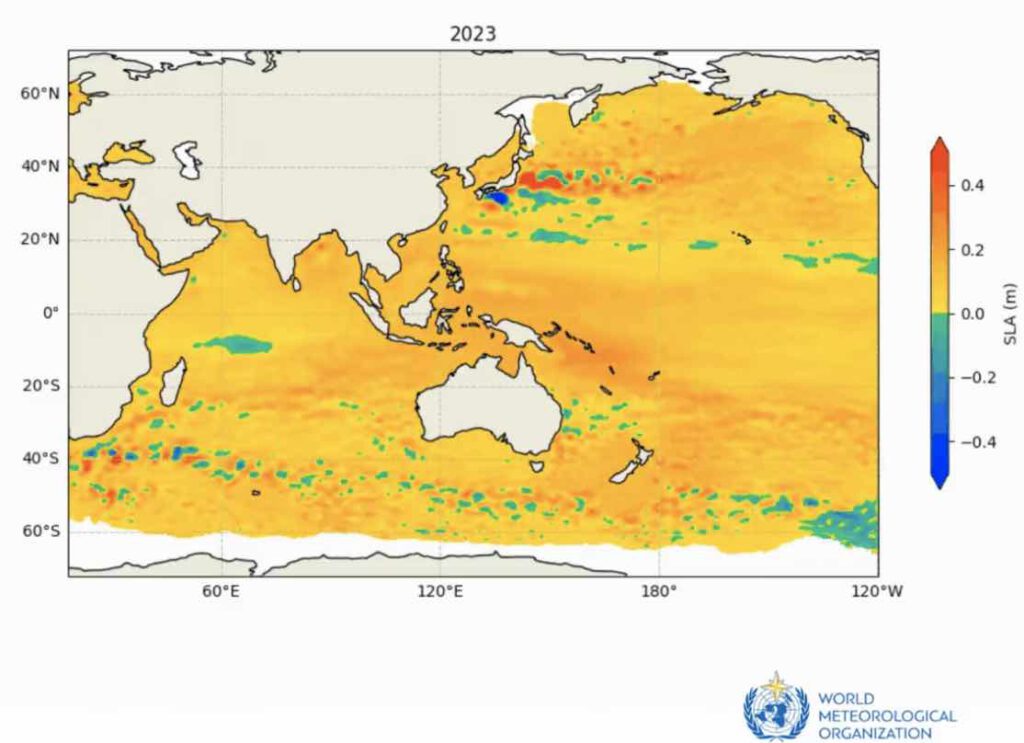 Zeespiegelstijging Indische en Stille Oceaan in 2023